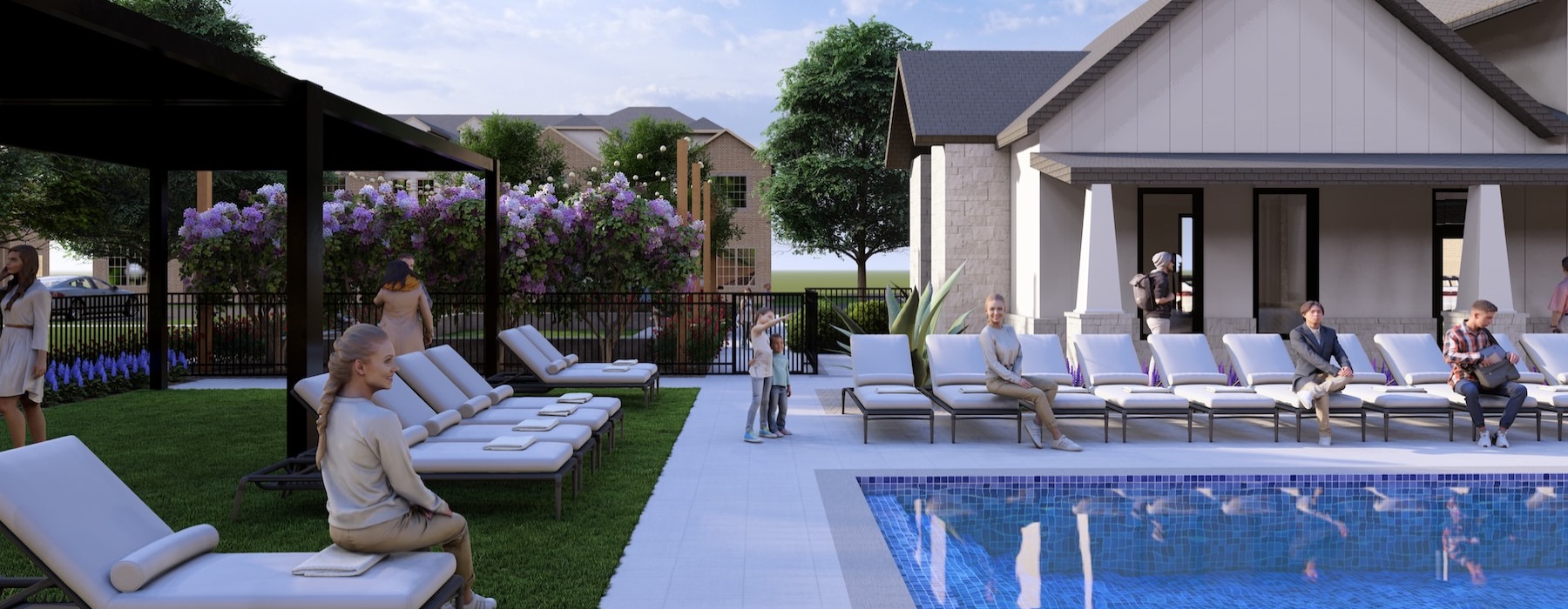 a group of people sitting around a pool