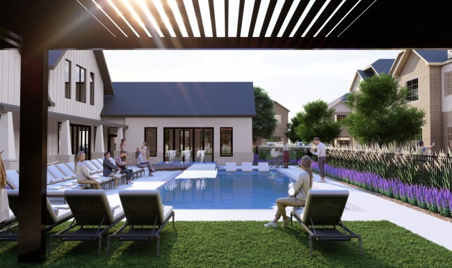 a group of people sitting around a pool