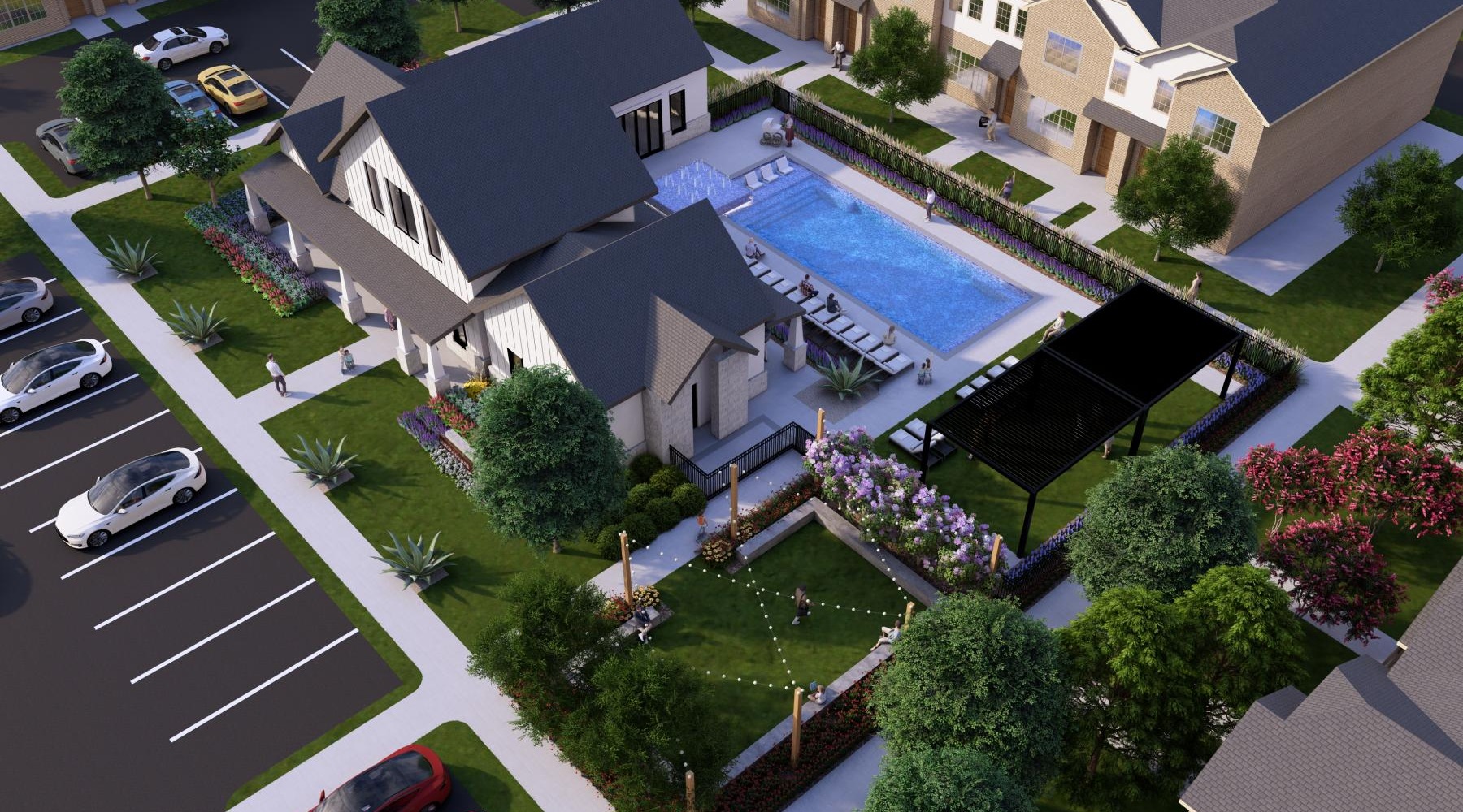 a building with a pool and trees